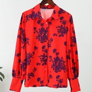 Floral puffy sleeves elegant blouse size M